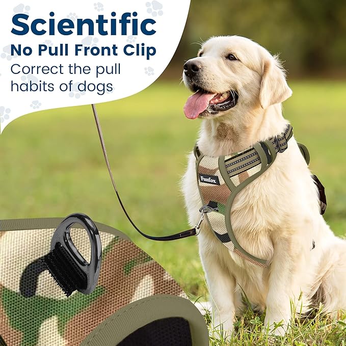 Funfox Dog Harness No Pull, Adjustable Pet Vest Harness, Super Soft Material with Vertical Handle Easy Control, Reflective Night Walking, 2 Leash Clips for XLarge Dogs, Camo Green, XL