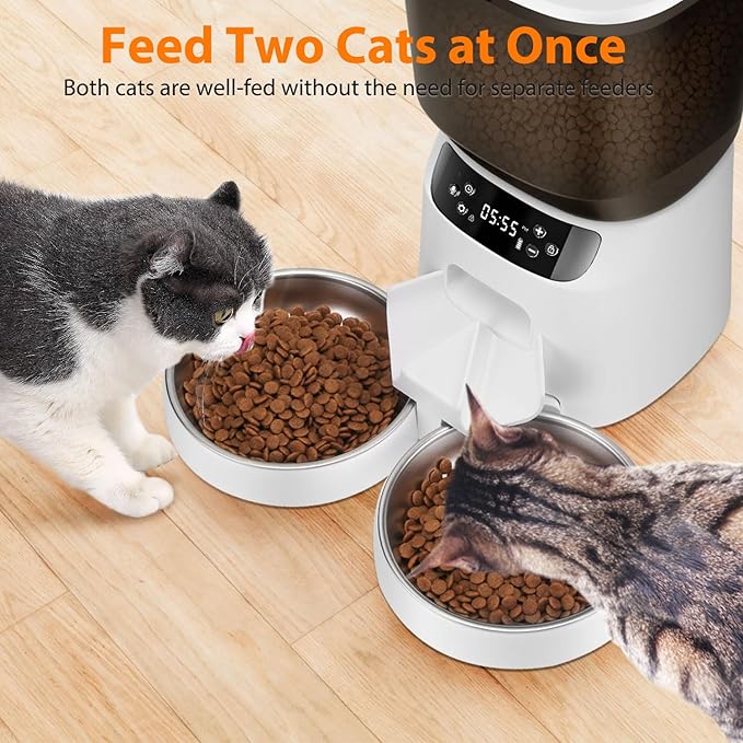 Automatic Cat Feeders for Two Cats, 5L/20 Cups Double Automatic Cat Food Dispenser with 2 Stainless Bowls, Timer Setting 20 Portions 6 Meals Per Day, 10s Meal Call, Pet Feeder for Dog (White)
