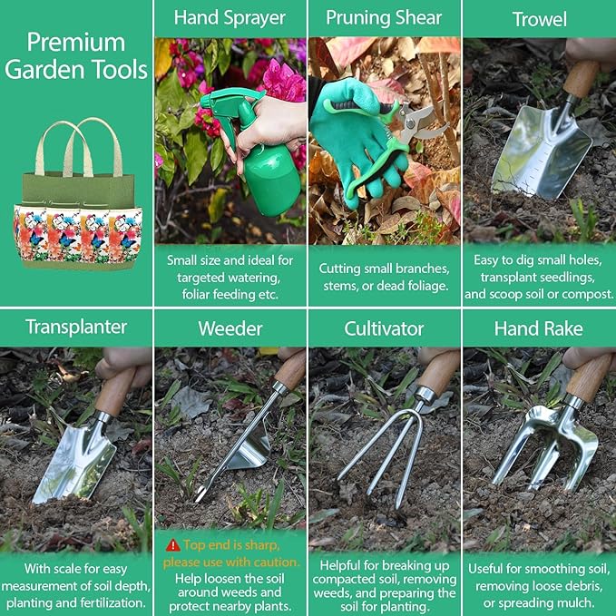 Gardening Tools Set of 9 - Complete Heavy Duty Garden Tools Set with Fashion Handbag - Durable Gardening Supplies Kit Ideal Gifts for Women