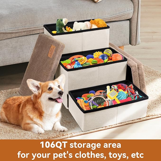 Dog Stairs with Furry Lids 18" H, 3-Step Wider Dog Steps with Storage for Small/Medium/Large Old Dogs Cats, Folding Sturdy Pet Stairs Climbing Bed Couch, Ramp for Car Up to 200 lbs, Khaki