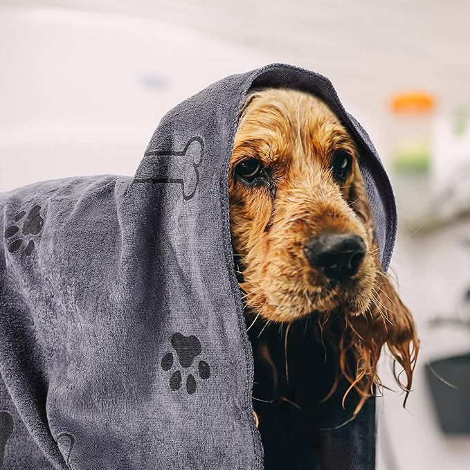 Chumia 4 Pcs Dog Towels for Drying Dog Puppy Bulk Microfiber Absorbent Paw Towel Pet Bathing Supplies Quick Drying for Medium Cats Pets Shower(24 x 40 Inch,Gray, Coffee)