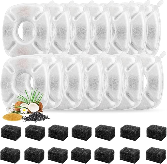 28 Pcs Cat Water Fountain Replacement Filters-14 Pack Water Fountain Filters 14 Pack Pre-Filter Sponges, Pet fountain replacement filters Fit for 95oz/2.8L Cat Pet Fountain, white + black