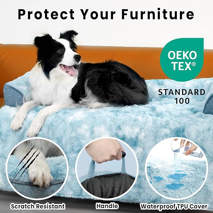 Calming Dog Couch Bed for Medium Dogs/Cats, 35 x 31 inch Waterproof Removable Dogs Mat Couch Cover for Furniture Protector, Non-Slip Fluffy Pelsbarn Dog Bed for Couch, Sofa - Tie-Dye Blue