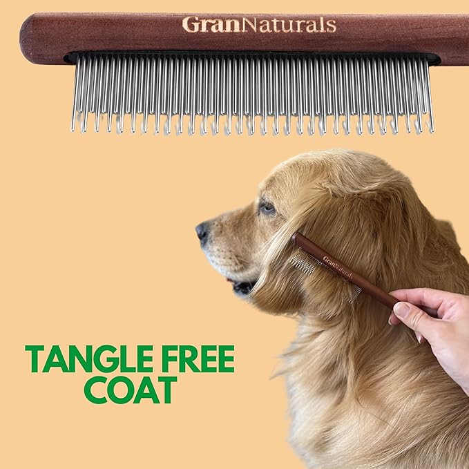 GranNaturals Wooden & Metal Pet Comb for Detangling Hair, Grooming Fur, Dematting for Large and Small Dogs, Long & Short Haired Cats