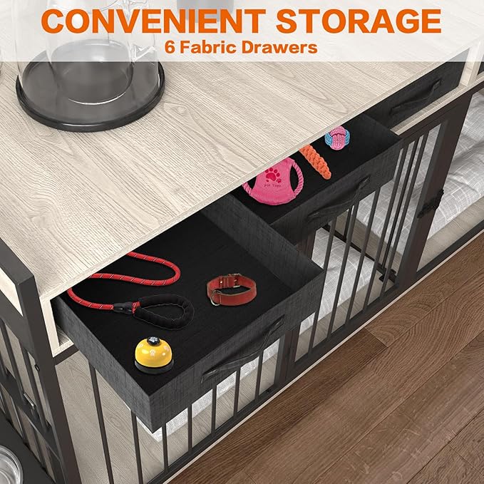 86.6inch Dog Crate Furniture with Storage,Furniture Style TV Stand Dog Kennel for 2 Dogs,with 6 Drawers,Removable Divider&Adjustable Bowls,Heavy Duty Metal Chew-Resistant Dog Crate Furniture