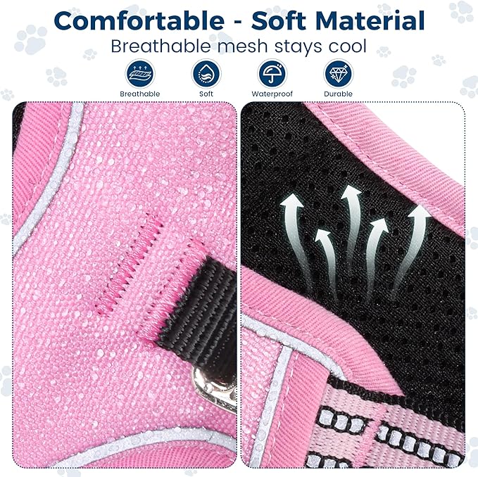 Funfox Dog Harness No Pull, Adjustable Pet Vest Harness, Super Soft Material with Vertical Handle Easy Control, Reflective Night Walking, 2 Leash Clips for Small Sized Dogs, Pink, S