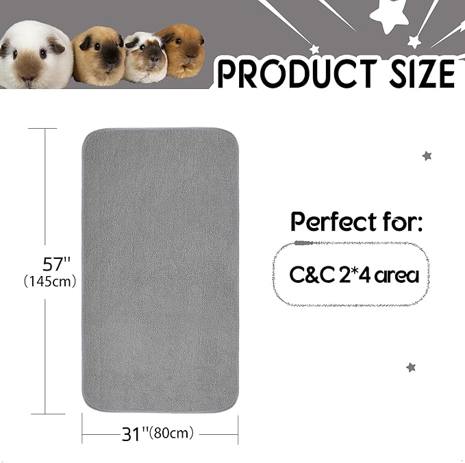 Guinea Pig Cage Liner, 1 Pack - Washable, Reusable, Leakproof Fleece Bedding Pads for Small Animals with Anti-Slip Bottom - for C&C 2X4 Area, Gray