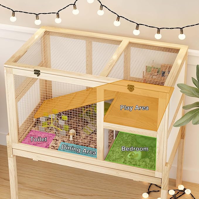 Guinea Pig House for 2 with Stand, Small Animals Rabbit Cages with a Pull Out Tray, Wooden 2-Story Indoor Large Hamster Habitat Playpen with Ramp, Hideout, Platform