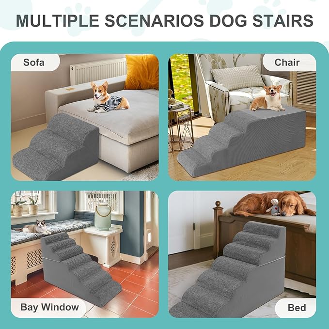 5-Step Dog Stairs for High Bed - 21.3" Adjustable Dog Ramps for Couch, Non-Slip Sturdy Pet Steps for Small Dogs, Washable Cover, Removable Modular Design, Dual 11” & 12.83” Steps for Custom Height