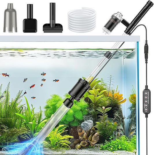 36W Fish Tank Vacuum Gravel Cleaner Electric: Aquarium Vacuum Gravel Cleaner with Strong Suction for Automatic Water Change Algae Cleaner Sand Wash Water Circulation and Water Shower, Timed Off