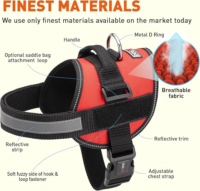 Dogline Dog Harness, Reflective No-Pull Adjustable Vest with Handle, Breathable No-Choke Harness for Small, Medium or Large Dogs Room for Patches Girth 27 to 34 in Red