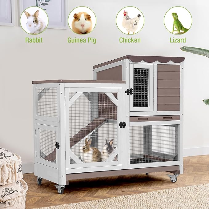 GUTINNEEN Rabbit Hutch Indoor Outdoor 2 Story Bunny House on Wheels Wood Rabbit Cage with 2 Pull Out Trays Guinea Pig Cage