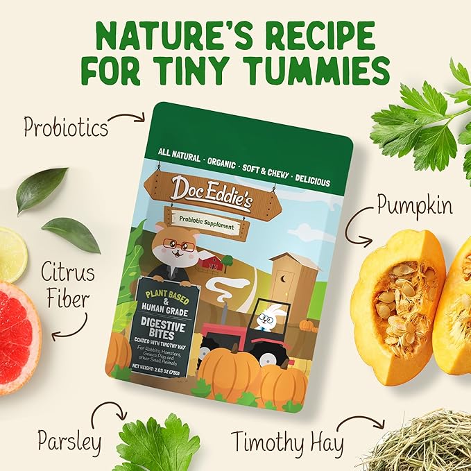 DOC EDDIE'S Digestive Bites - Plant-Based Small Animal Treats for Rabbits, Guinea Pigs, Hamsters, Gerbils, and More - Probiotics Supplement Made with Timothy Hay, Real Fruits, and Veggies