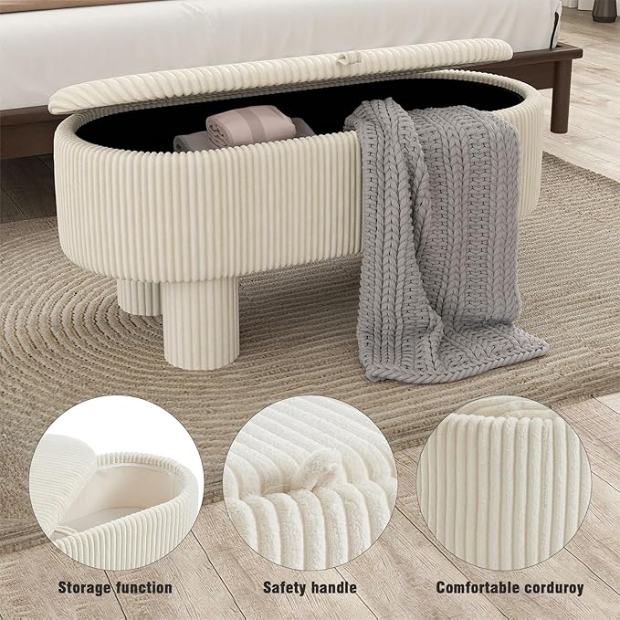 Corduroy Storage Ottoman Bench, 43" Upholstered Oval Footrest with Hidden Storage, Modern Design with Solid Wood Legs for Bedroom, Living Room, and Entryway Furniture, White