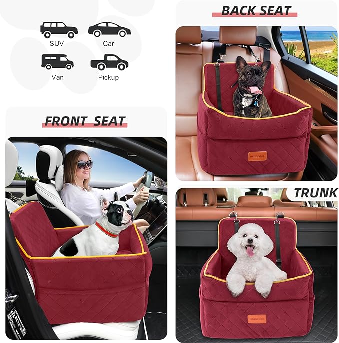 Dog Car Seat for Small Medium Dogs, Memory Foam Puppy Dog Booster Seat with Thick Cushion for Dogs Under 35lbs, Detachable Washable Pet Car Seat Travel Bed with Storage Pockets,2 Safety Belts