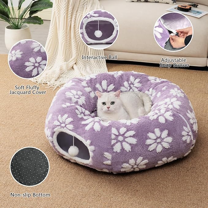 Cat Tunnel for Indoor Cats, Cute Peekaboo Cat Cave with Dangling Balls, Pet Donut Tunnel Bed with Circle Mat for Puppy Kitten Rabbit, Purple