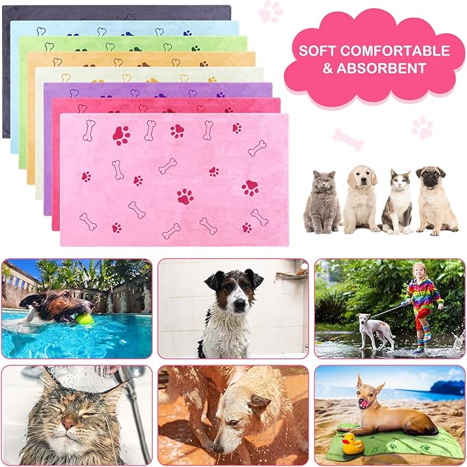 Chumia 8 Pcs Dog Towels for Drying Dogs Cats Pet Towels Bulk Puppy Microfiber Quick Drying Paw Bath Bathing Supplies Absorbent for Medium Pets(Sweet Color,40 x 24 Inch)