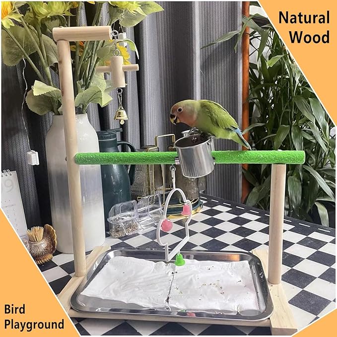 Bird Palyground, Parrot Playstand Natural Wood, Bird Perch Stand Gym with Feeder Cups and Removable Tray, Bird Cage Accessories for Parakeets Cockatiels Lovebirds