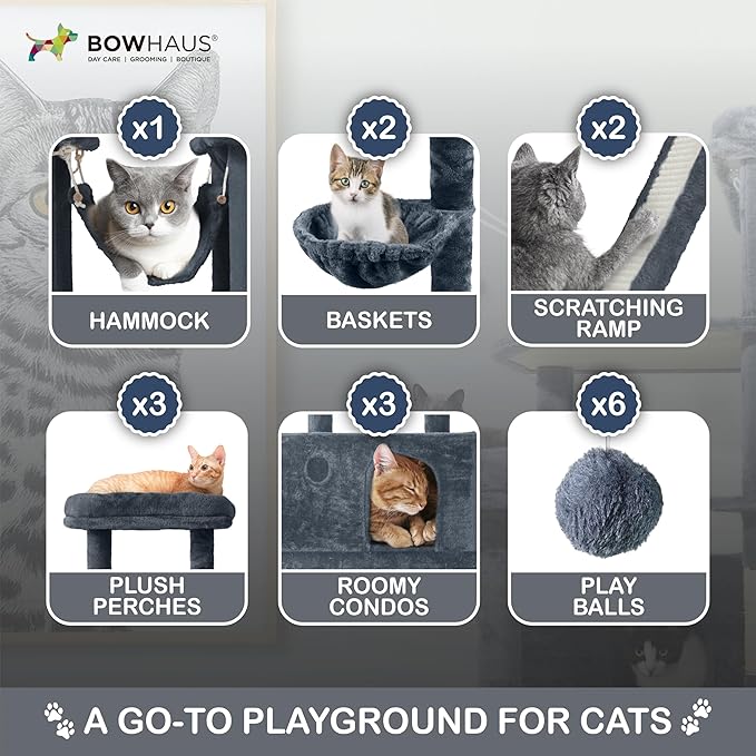 Extra Large 80-Inch Tall Cat Tree w/Widened Perch for Large Cats, Big Cat Tower Indoor, Modern Multi-Level Activity Tower with Scratching Posts, Condos, Baskets, Hammock, Scratching Ramps