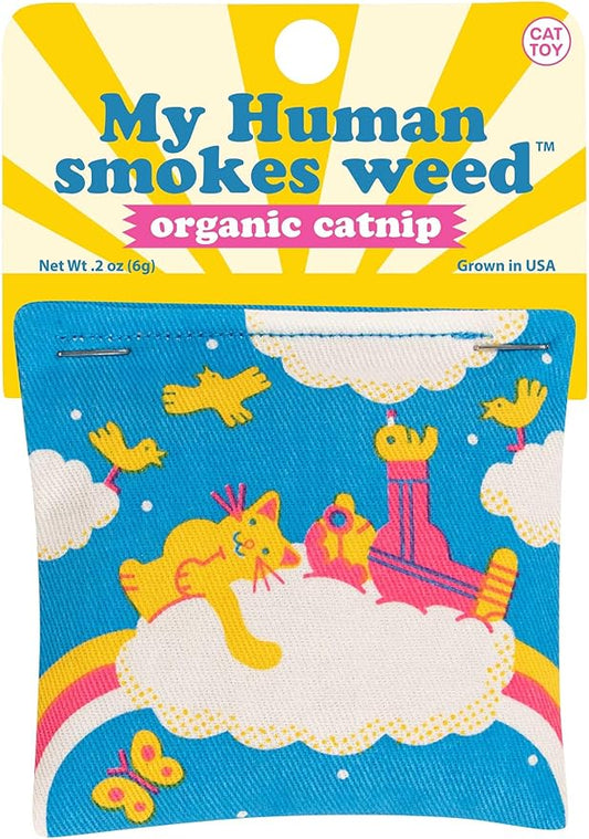 Blue Q My Human Smokes Weed Catnip Cat Toy. Premium Organic Catnip Grown in The USA, 100% Cotton Pouches, Kitty Graphics Sure to Delight Every Cat-Keeper.