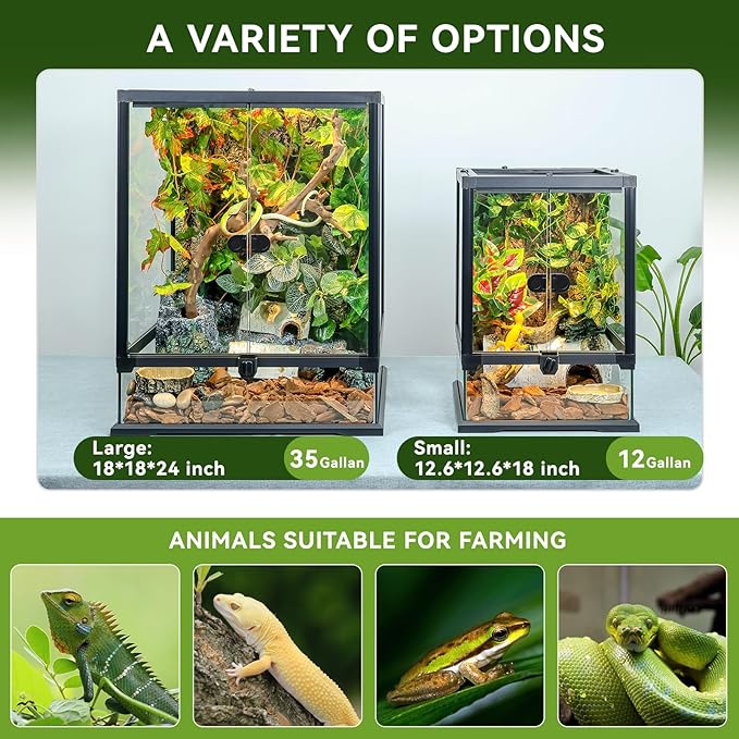 24x18x18'' 35 Gallon Glass Reptile Tank Front Opening Terrarium Suitable for Leopard Geckos, Snakes, Tree Frogs, Chameleons,Watertight Base, Ventilated Metal Mesh Top, Pre-Drilled Cable Holes