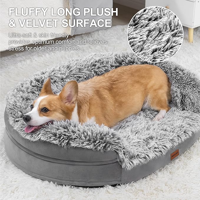 3.7 inch Thickened Orthopedic Dog Beds for Medium Dogs, Supportive Dog Sofa Bed with 28D Egg-Crate Foam, Removable Washable Plush Cover, Waterproof Lining, Half-Round Design for Puppy,Senior Dog