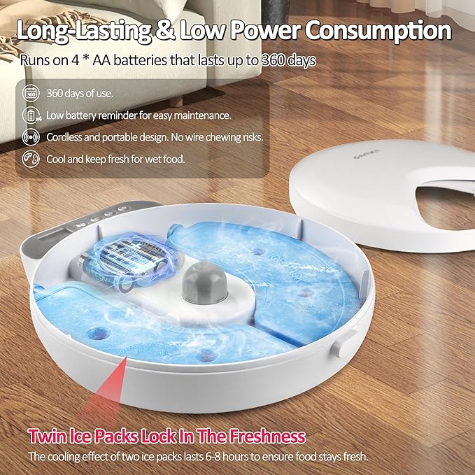 Automatic Cat Feeder Wet Food, Battery Operated Auto Wet/Dry Food Feeder with 2 Ice Packs, Cordless Programmable Timer Pet Auto Dispenser for Cat and Small & Medium Dog (4-Meals & Battery Included)