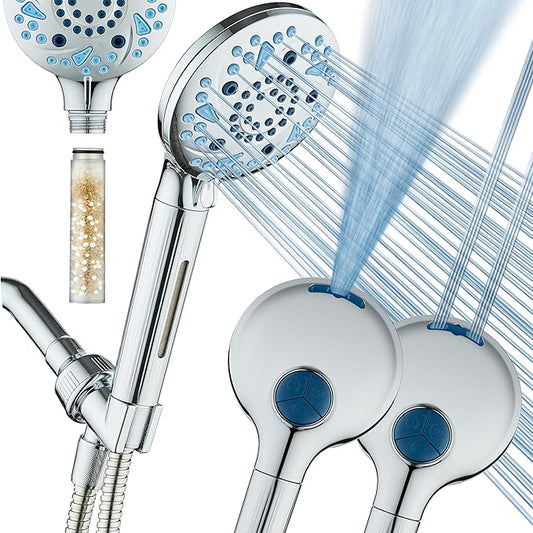 AquaCare High Pressure 10 Spray Mode Filtered Showerhead - Handheld Shower Head Filters Chlorine to Heal Dry Skin, Revive Hair - Dual Power Wash Cleans Tub, Tile, Pets - Hard Water Softener, Chrome