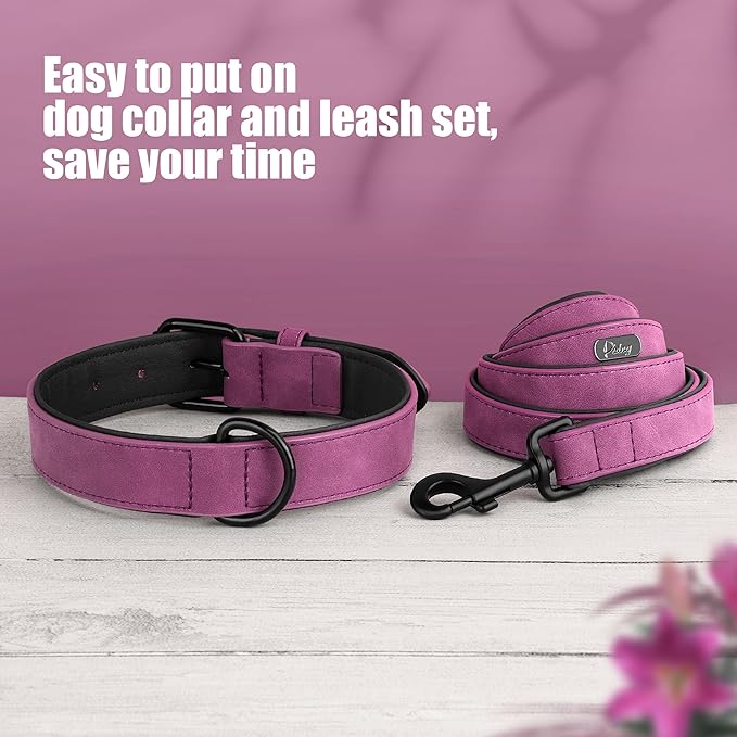 Didog Soft Padded Leather Dog Collar and Leash Set, Heavy Duty Dog Leash and Collar Set with Metal Buckle, Breathable Dog Collars with 4FT Leather Dog Leash for Small Medium Large Dogs, Purple, M