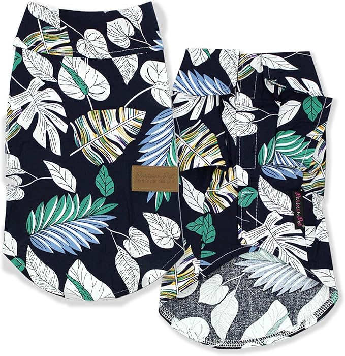 Parisian Pet Palm Leaves Dog Shirt - 100%Cotton Summer Clothes - Stylish Beach Outfit - Hook and Loop Closure - Machine Washable - 2XL