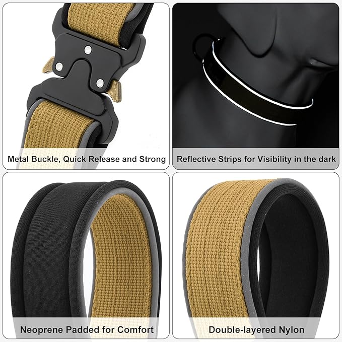 Plutus Pet Tactical Dog Collar, Reflective, Adjustable Heavy Duty Dog Collar, Soft Padded and Comfortable, for Small Medium and Large Dogs (Brown, L)