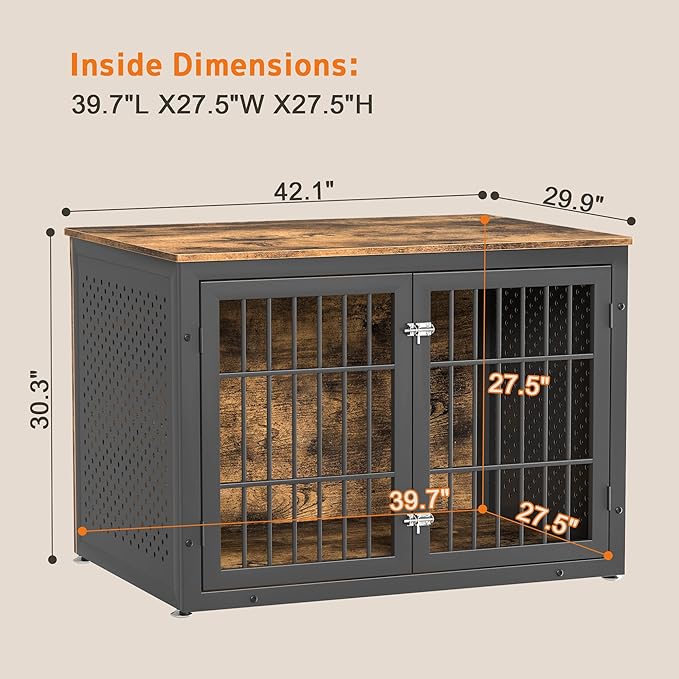 42" Heavy Duty Dog Crate Furniture for Large and Medium Dogs, Enclosed Design Wooden Metal Kennel, Wooden Cage Furniture Indoor, Decorative Dog Kennel End Table