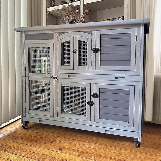 GUTINNEEN Rabbit Hutch Indoor Outdoor Bunny House Guinea Pig Cage on Wheel with Plastic Tray 47inch