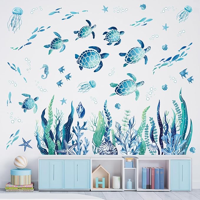 decalmile Under The Sea Seaweed Wall Decals Sea Turtle Ocean Grass Jellyfish Wall Stickers Baby Nursery Bedroom Bathroom Wall Decor