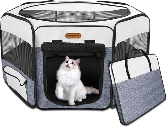 Dog Playpen, Portable Pet Play Pen Foldable Carrying Case, Puppy Pens Outsid for Small Cat Indoor/Outdoor, Removable Mesh Shade Cover