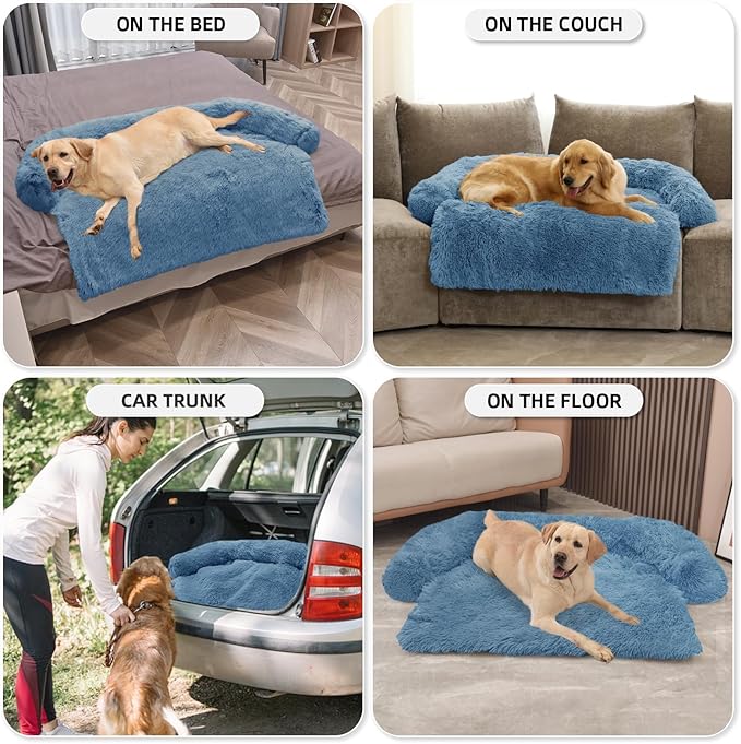GGIB Calming Dog Bed Fluffy Plush Dog Mat for Furniture Protector with Removable Washable Cover for Large Medium Small Dogs and Cats (Extra Large (53x39.3x6), Navy)