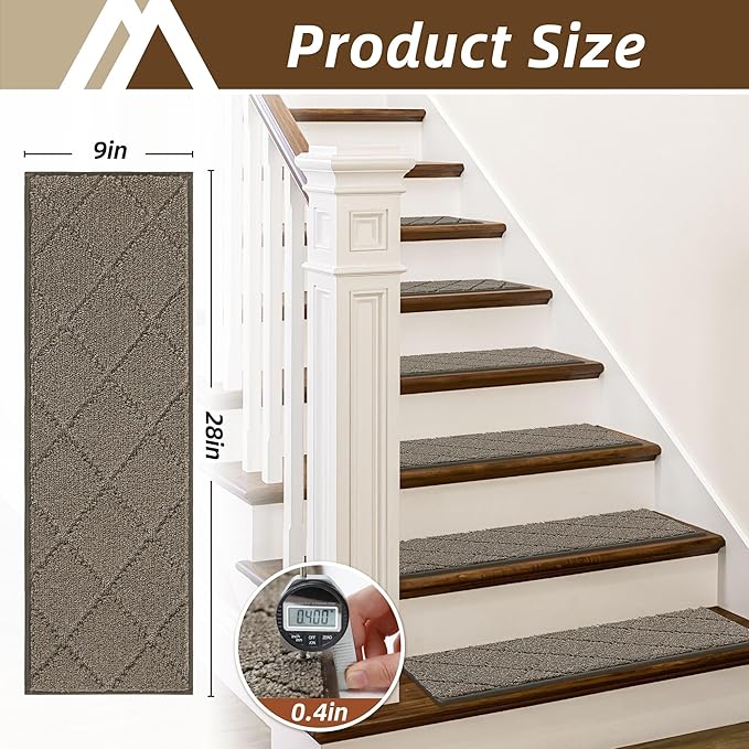 COSY HOMEER Stair Treads for Wooden Steps 9"x28" Washable Indoor Carpet Stair Treads Non Slip Soft Polyester Stair Carpet Tread Reusable Stair Runner Rugs for Kids, Elders,Pets,Light Brown,15pcs