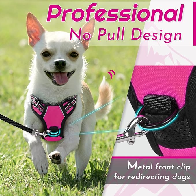Eagloo Small Dog Harness No Pull, Service Vest with Reflective Strips and Control Handle, Adjustable and Comfortable for Easy Walking, No Choke Pet Harness with 2 Metal Rings, Rose Red, XS