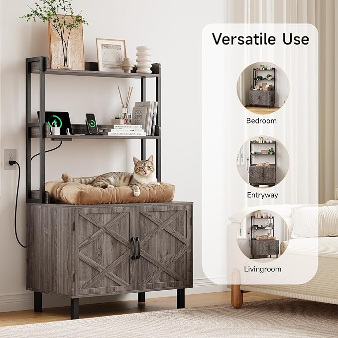 55 Inches Cat Litter Box Enclosure, Hidden Litter Box Furniture with 2 Storage Shelves and Charging Sockets, Wooden Cat House, Large Indoor Cabinet for Living Room & Entryway, Grey