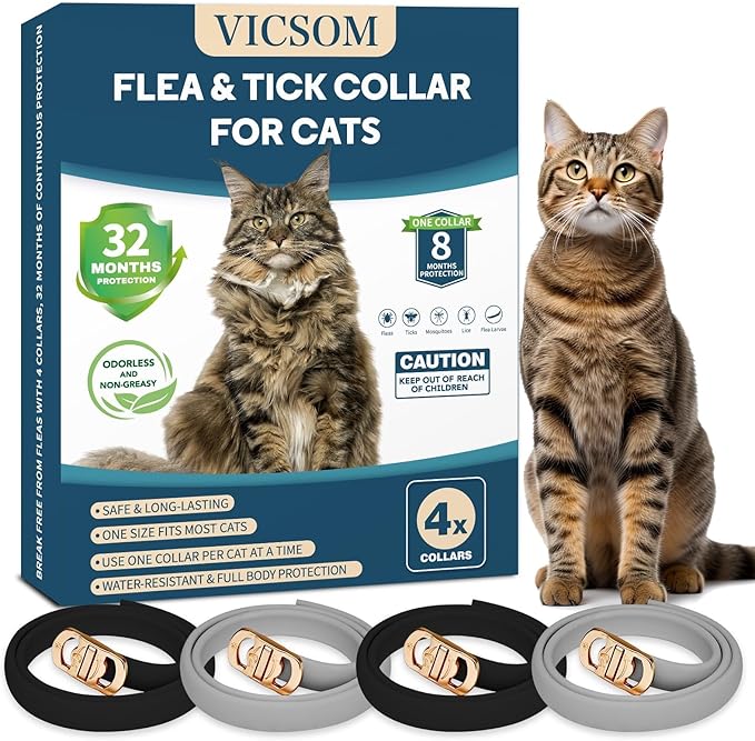 4 Pack Flea and Tick Collar for Cats, 32 Months Treatment Prevention, Waterproof Adjustable Kitten Collar, Black Grey