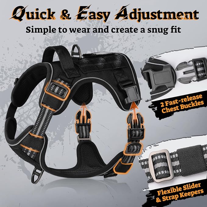 rabbitgoo Dog Harness Small Sized No Pull, Tactical Service Pet Vest with Molle and Control Handle, Adjustable and Reflective Military Harness for Easy Walking and Training, Black, S