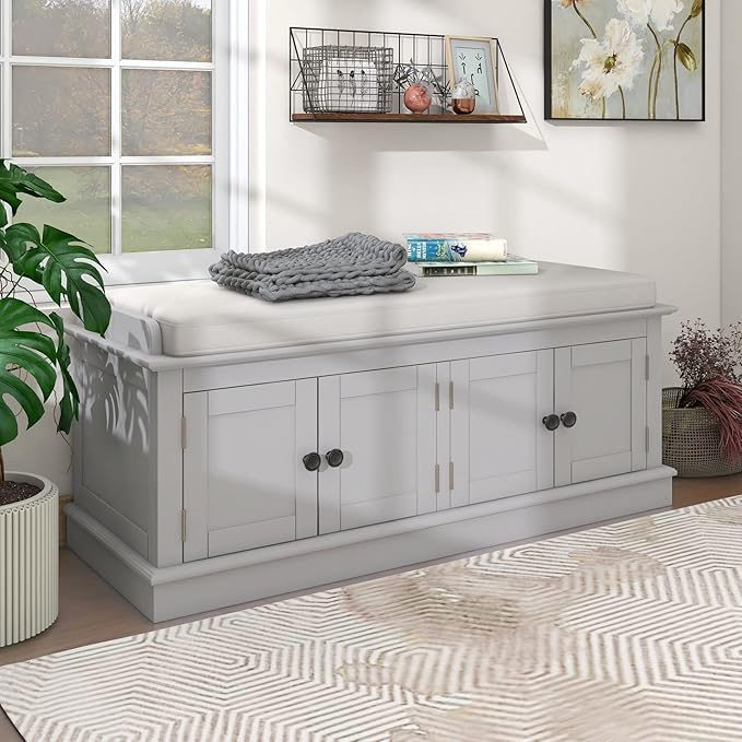 Storage Bench with 4 Doors and Adjustable Shelves, Shoe Bench with Removable Cushion for Living Room, Entryway 42.7" L x 16" W x 17.4" H (Gray Wash)
