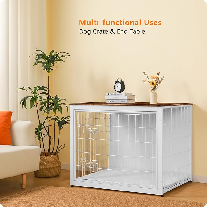 DWANTON Dog Crate Furniture with Cushion, Wooden Kennel Table with Double Doors, Indoor Dog House, Extra Large Size, 43.3" L, White+Rustic Brown