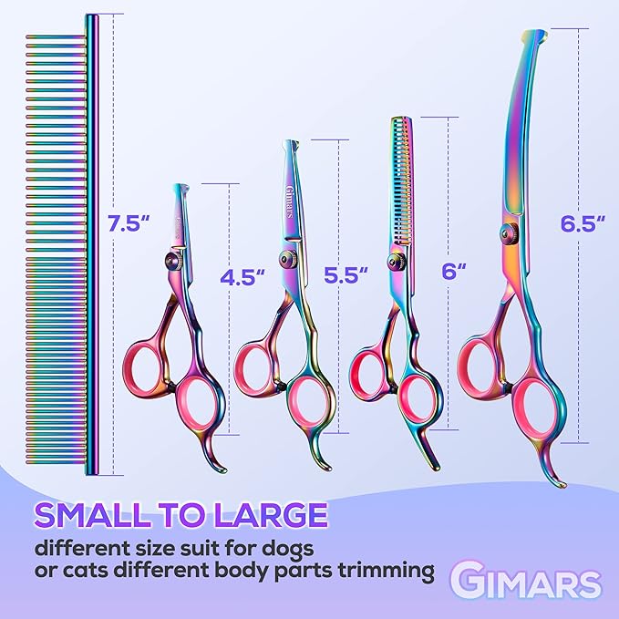 Gimars Professional 4CR Stainless Steel 6 in 1 Grooming Scissors for Dogs with Safety Round Tip, Heavy Duty Titanium Coated Pet Grooming Scissor for Dogs, Cats and Other Animals