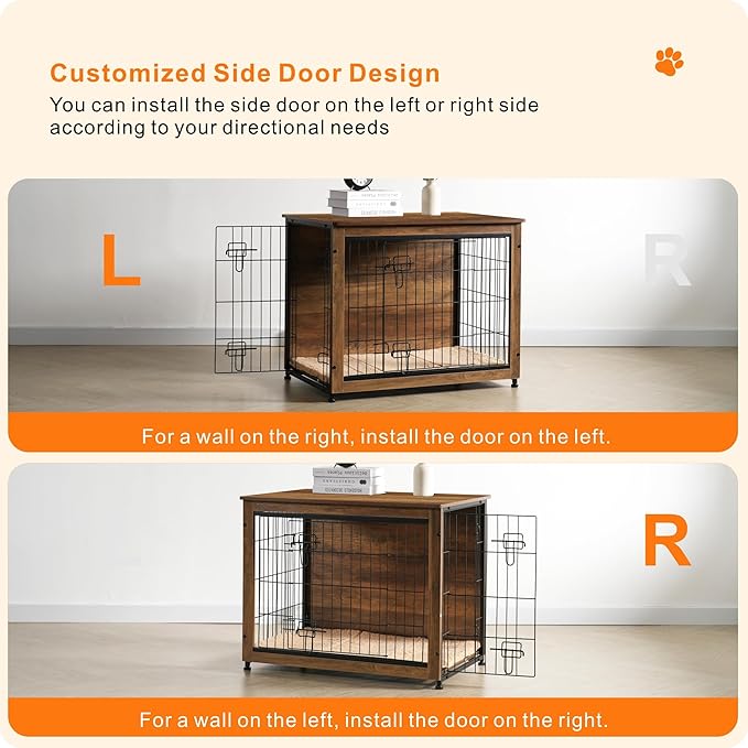 DWANTON Dog Crate Furniture with Cushion, Wooden Kennel Table with Double Doors, Indoor Dog House, Medium Size, 32.5" L, Warm Brown