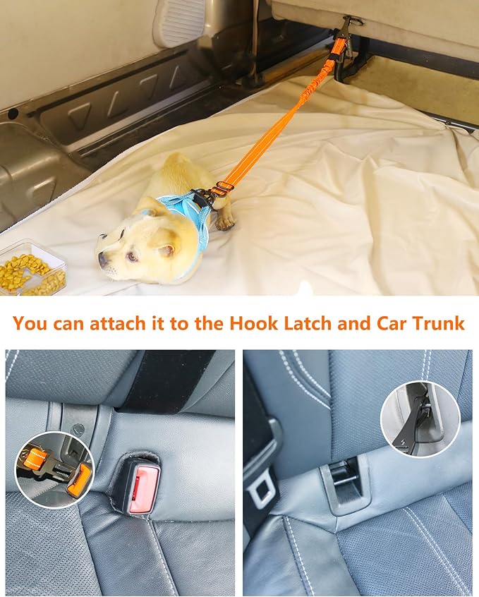 AUBELL Dog Seat Belt for Car,Updated 3-in-1 Adjustable Reflective Bungee Heavy Duty Dog Car Harness Tether with Clip Hook Latch & Buckle,Swivel Zinc Alloy Carabiner,Orange