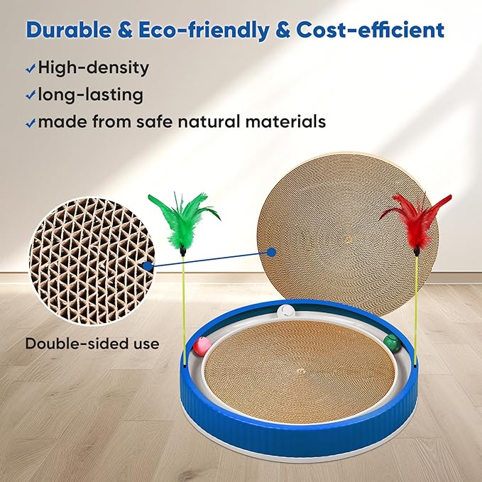 20-Inch Round Cat Scratcher with Ball Track – 3-in-1 Cardboard Scratching Pad with Feather Toy & Non-Slip Base – Interactive Cat Toy for Indoor Cats, Kittens & Large Cats (Blue)