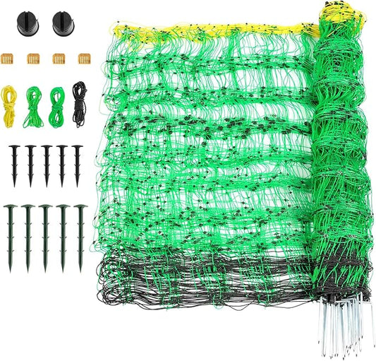 Electric Fence Netting, 49.6" H x 164' L, PE Net Fencing Kit with 14 Posts Double Spiked, Utility Portable Mesh for Sheep Hogs Goats Deer Dogs Lambs Used in Backyards Farms Ranches Patio, Green