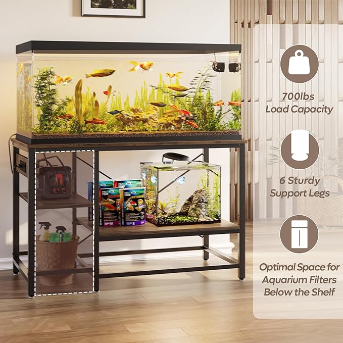 55 Gallon Fish Tank Stand with Charging Station, 49.2x13.8 Metal Aquarium Stand with 3-Tiers Adjustable Storage Shelves, 6-Legs Reptile Terrarium Stand, 700 LBs
