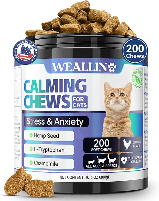200 PCS Cat Calming Treats, Calming Treats for Cats Help to Manage Stress & Anxiety, Calming Aid for Cats with Hemp Seed Powder Chamomile Melatonin for Cat Anxiety Relief, Separation, Travel, Storms